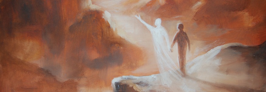 Painting of a figure in white reaching upward beside a person walking, in warm orange tones
